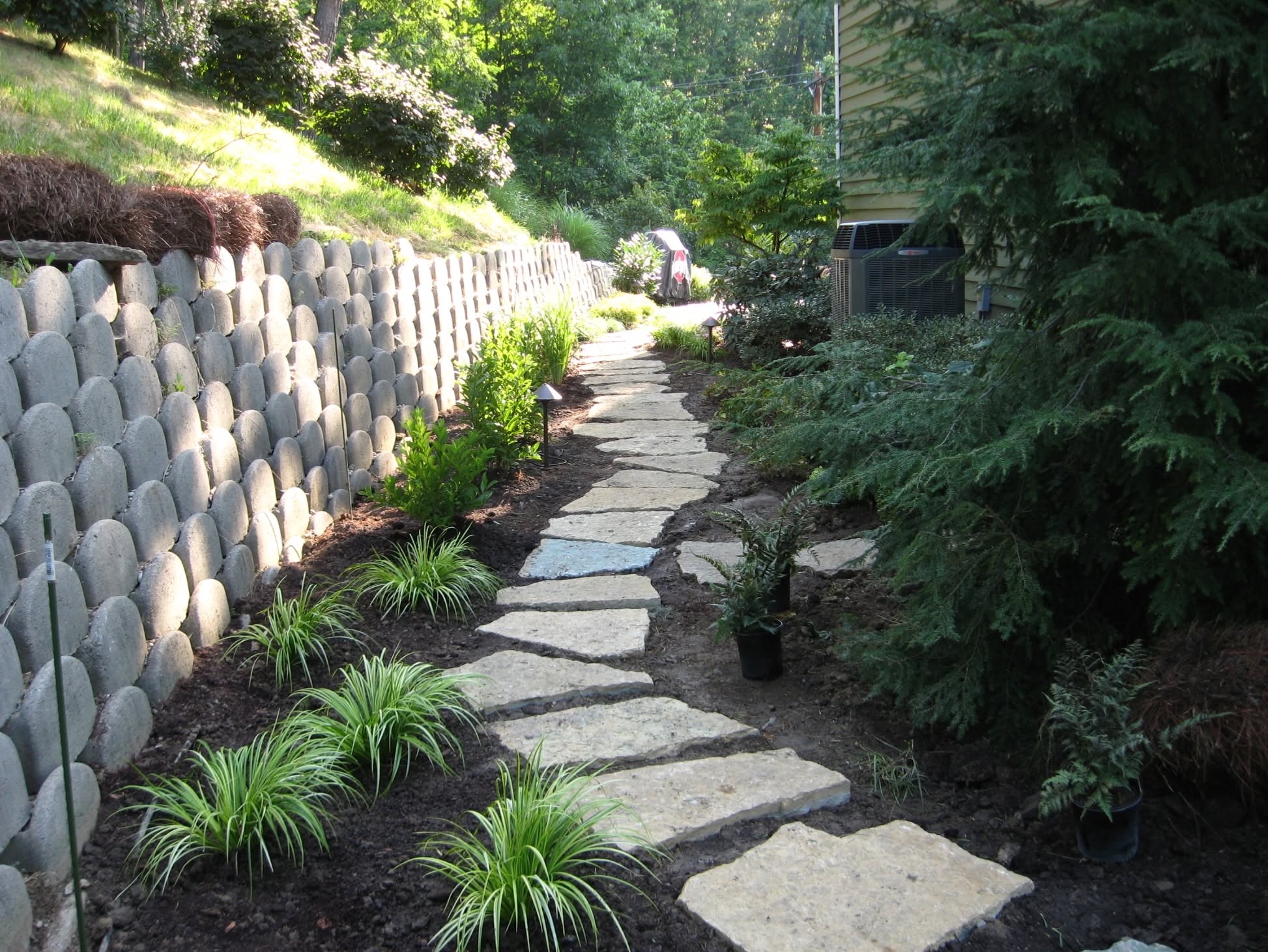 Natural flagstone stepping path beside a retaining wall with new plantings and path lights